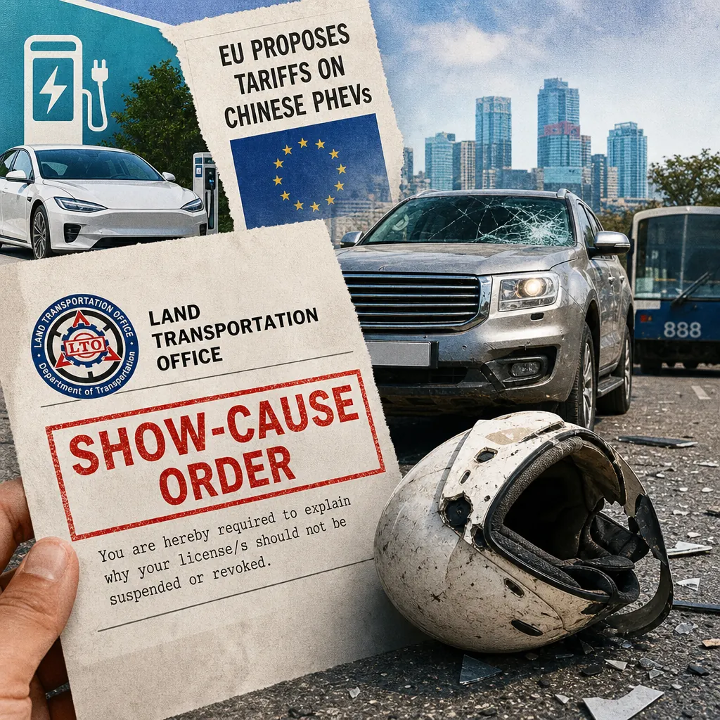 A collage showing a damaged car and a motorcycle helmet on the road, a hand holding a Land Transportation Office show-cause order, an electric vehicle charging station, and a sign about EU tariffs on Chinese PHEVs, illustrating LTO cracks down on road rage, fatal accidents highlight motorcycle risks, EV policy debates heat up, and fuel price rollback brings relief to Philippine motorists.