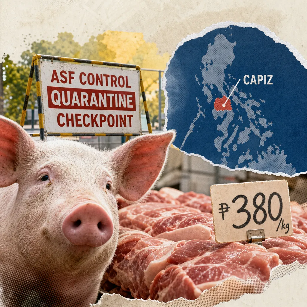 A collage showing a pig, raw pork cuts with a price tag of 380 pesos per kilo, an ASF control quarantine checkpoint sign, and a map highlighting Capiz, illustrating the ASF outbreak in Capiz sparks pork supply fears and price hikes.