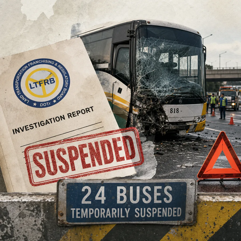 A damaged bus with a shattered windshield is stopped on a highway, surrounded by traffic cones and police officers. In the foreground, a sign reads "24 buses temporarily suspended" and an LTFRB investigation report is stamped "SUSPENDED," illustrating the Philippine transport buzz: viral LTO lifetime ban, bus suspensions, EV launches, muffler memo debate, road safety, and corruption drive public engagement.