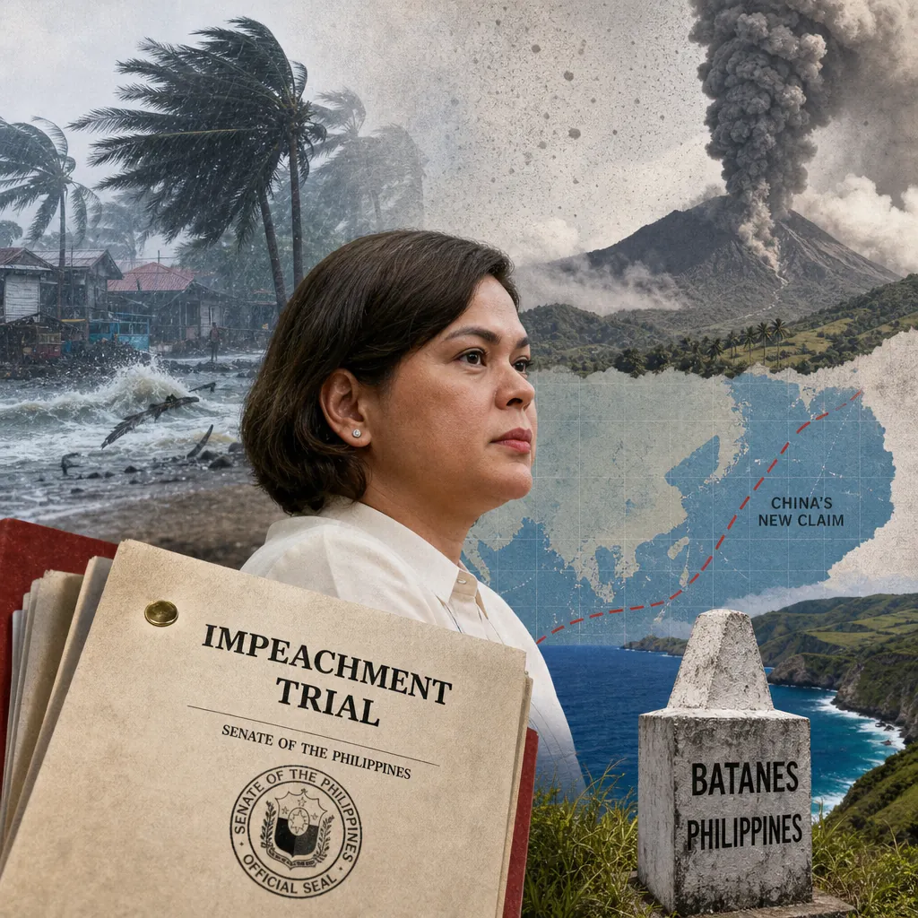 A collage showing a serious woman in front of scenes of deadly disasters in the Philippines, including a storm hitting coastal homes and a volcano erupting, with a map highlighting a new China territorial claim, an impeachment trial folder, and a Batanes, Philippines marker, illustrating the Philippines facing deadly disasters, political turmoil, and a new China territorial claim.