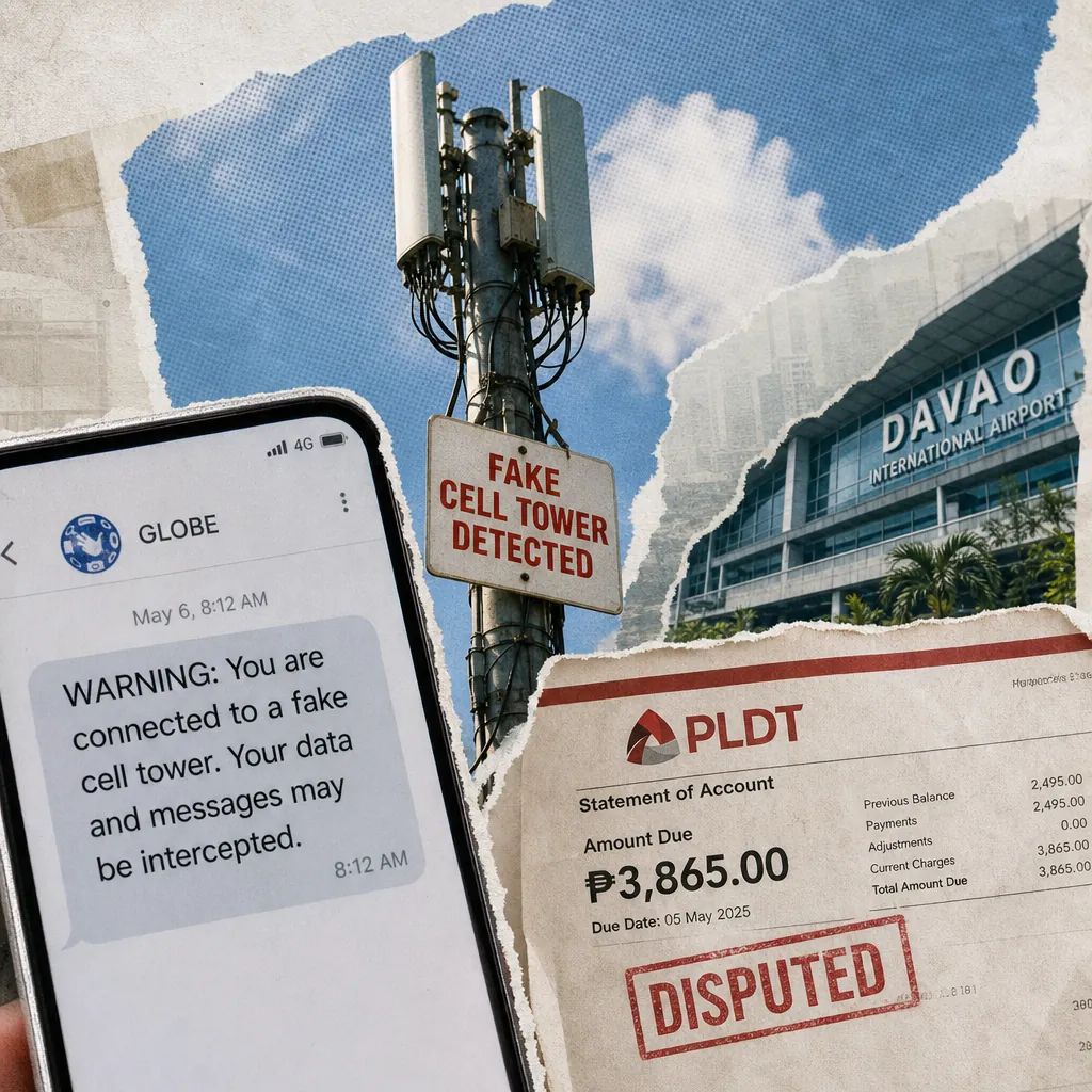 A collage showing a warning text about a fake cell tower on a smartphone, a cell tower with a "FAKE CELL TOWER DETECTED" sign, a PLDT billing statement marked "DISPUTED," and the Davao International Airport, illustrating Philippine telco buzz: DITO promos excite, but PLDT billing woes and a fake cell tower alert expose trust, security, and service gaps across all networks.
