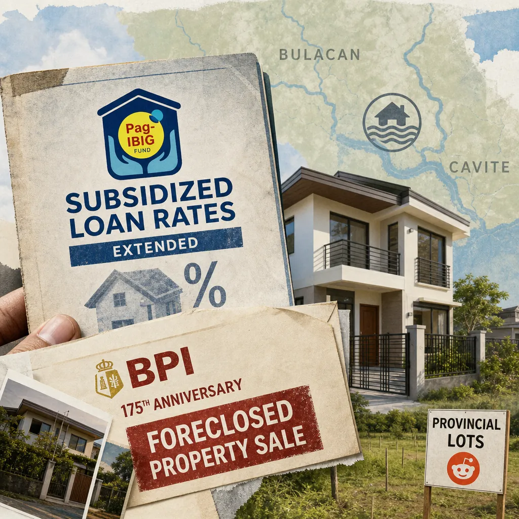 A collage showing a modern house, a map highlighting Bulacan and Cavite, a hand holding a Pag-IBIG subsidized loan rates flyer, a BPI foreclosed property sale notice, and a sign for provincial lots, illustrating how Pag-IBIG rate cuts and BPI foreclosure sales boost home affordability.