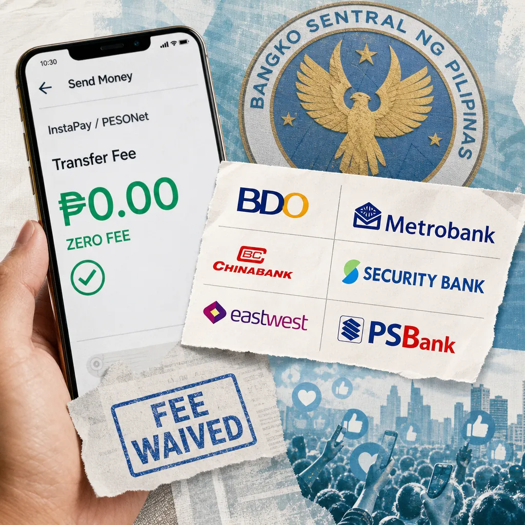 A hand holds a smartphone showing a transfer fee of zero pesos for InstaPay and PESONet, with a "fee waived" stamp, logos of major PH banks, the Bangko Sentral ng Pilipinas seal, and a crowd celebrating, illustrating major PH banks waive InstaPay and PESONet fees after BSP regulation.
