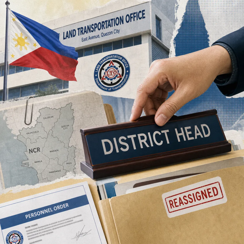 A collage showing the Land Transportation Office building with a Philippine flag, a map of NCR, a hand moving a "District Head" nameplate, and folders labeled "Personnel Order" and "Reassigned," illustrating LTO cracks down on fixers with NCR reshuffle.