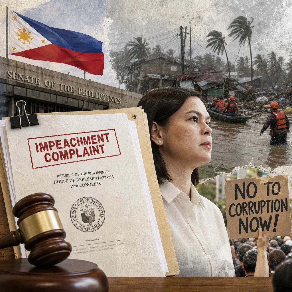A collage showing the impeachment trial of VP Duterte dominates amid typhoon aftermath, anti-corruption cynicism, economic anxiety, and deep public polarization in the Philippines, featuring a woman in focus, an impeachment complaint document, a gavel, the Senate of the Philippines building, typhoon damage with rescue workers, and a protest sign reading "No to corruption now!"