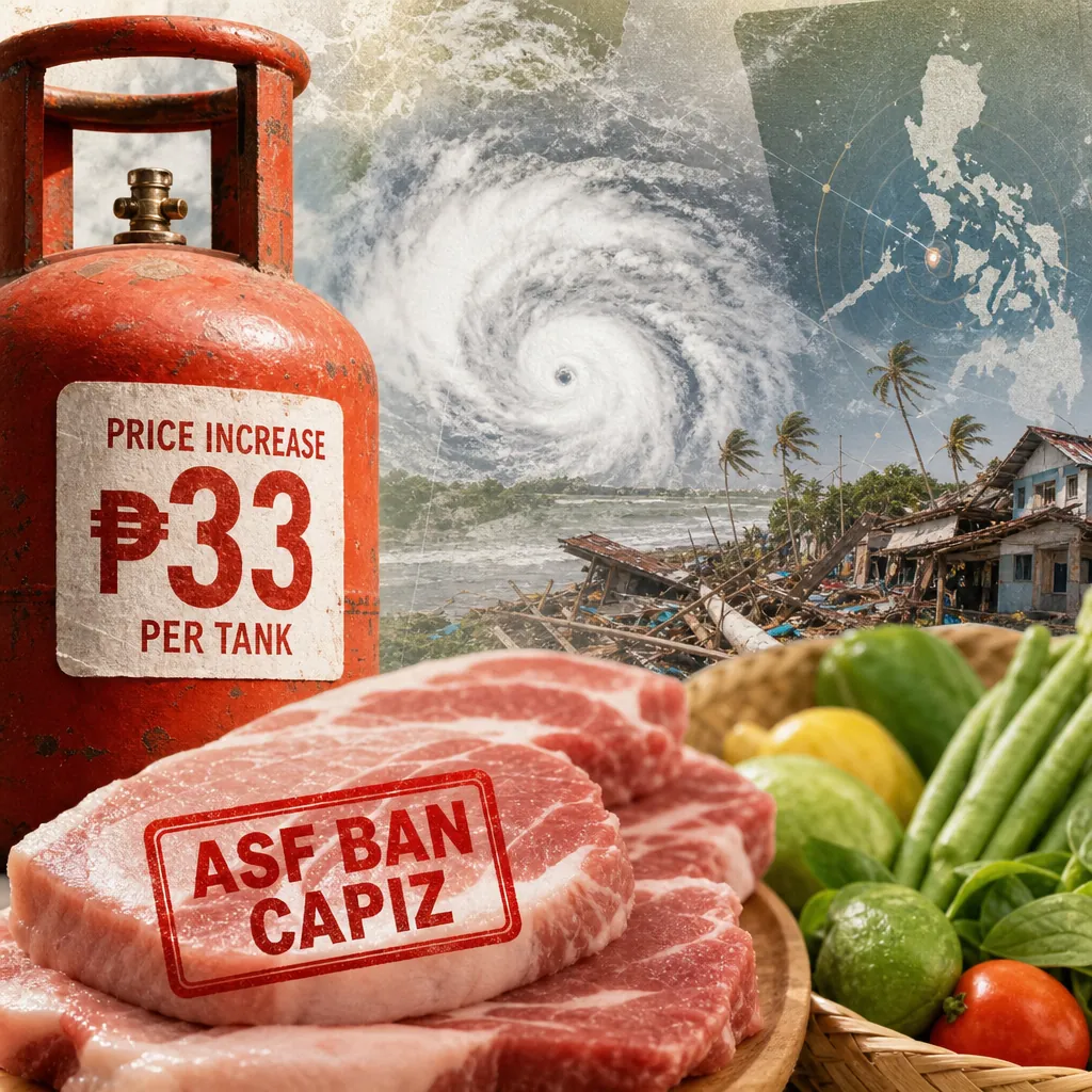 A red LPG tank with a price increase sign, raw pork with an ASF ban stamp, fresh vegetables, and a background showing typhoon damage and a map of the Philippines, illustrating cost-of-living pressures rise as LPG prices and pork bans hit food costs.