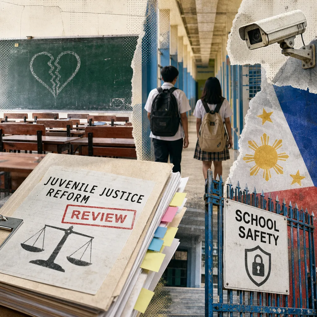 A collage showing an empty classroom with a broken heart drawn on the chalkboard, two students walking down a school hallway, a security camera, the Philippine flag, a gate with a school safety sign, and a report labeled "Juvenile Justice Reform Review," illustrating the keyphrase "juvenile justice reform review."