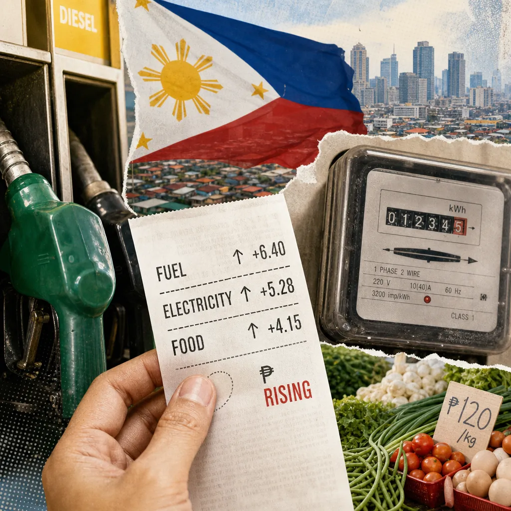 A collage showing a fuel pump, an electricity meter, a hand holding a receipt with rising prices for fuel, electricity, and food, fresh vegetables with a price tag, and the Philippine flag over a city skyline, illustrating fuel and electricity price hikes.