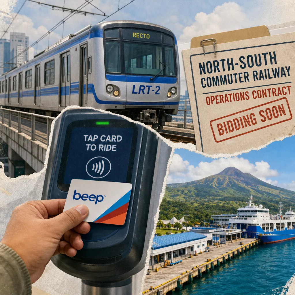 A collage showing a Philippines LRT-2 train, a hand tapping a Beep card for cashless fares, a sign about North-South Commuter Railway bidding, and a new port in Camiguin, representing Philippines transport with LRT-2 cashless fares, NSCR rail bidding, and new Camiguin port.