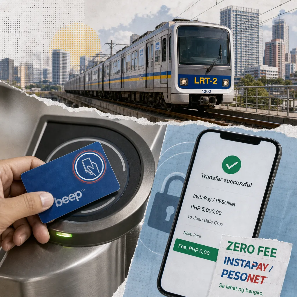 A collage showing an LRT-2 train in Manila, a hand tapping a beep card on a fare reader, and a smartphone screen displaying a successful digital money transfer with a zero-fee notice, illustrating Philippine digital finance advances with LRT-2 cashless fares, zero-fee transfers, but faces security, reliability, and e-wallet sustainability concerns.