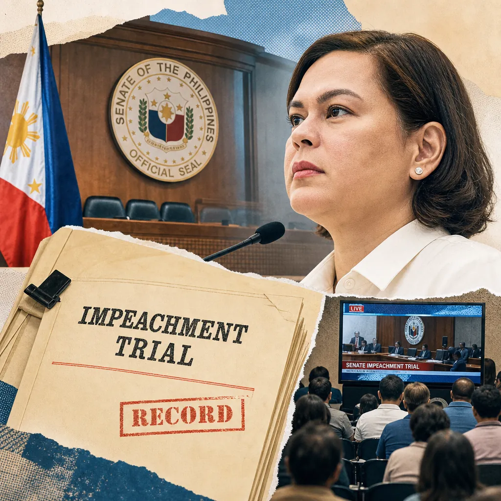A serious woman sits in front of a microphone in the Philippine Senate, with the official seal and flag behind her; a large folder labeled "Impeachment Trial Record" is in the foreground, and a screen shows a live broadcast of the Senate impeachment trial, illustrating the impeachment trial of VP Duterte dominates media.