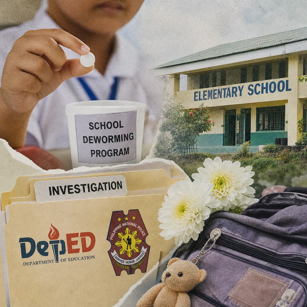A collage showing a child holding a deworming tablet next to a cup labeled "School Deworming Program," an elementary school building, investigation folders with Department of Education and Philippine National Police logos, white flowers, and a backpack with a teddy bear keychain, illustrating the death of student after school deworming in Cavite.