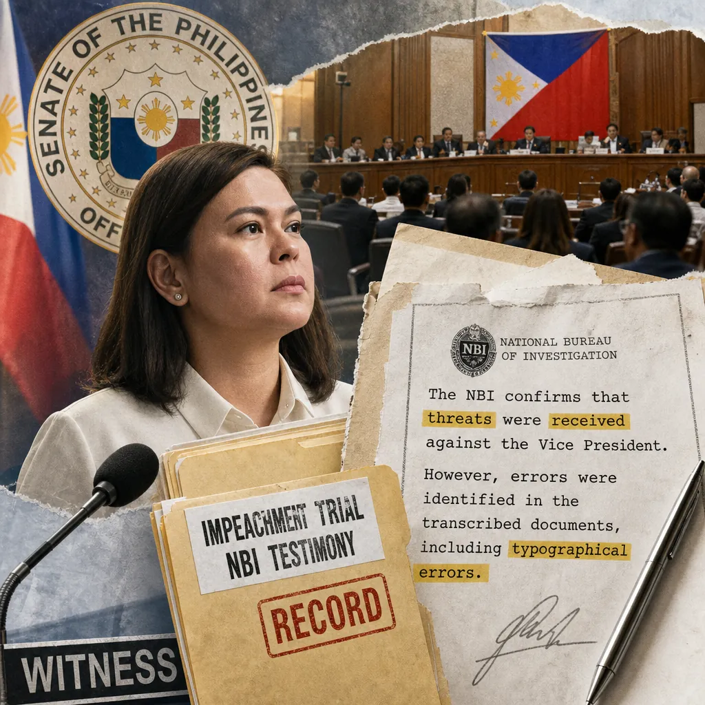 A woman stands at a witness podium in a government hearing room with the Senate of the Philippines seal and Philippine flag in the background, surrounded by folders labeled "Impeachment Trial NBI Testimony Record" and a document about threats received against the Vice President, illustrating the July 13, 2026 news led by VP Duterte’s impeachment trial and LRT-2’s cashless launch.