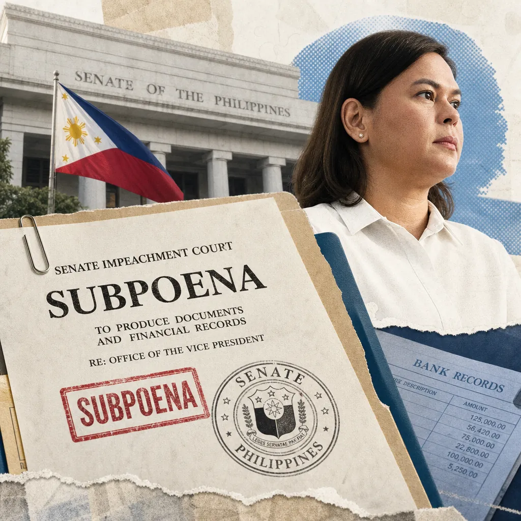 A serious-looking woman stands in front of the Senate of the Philippines building with the Philippine flag, while a close-up of a subpoena document labeled "Senate Impeachment Court" and "SUBPOENA" is shown alongside bank records, illustrating Senate subpoenas of VP Duterte's bank records.