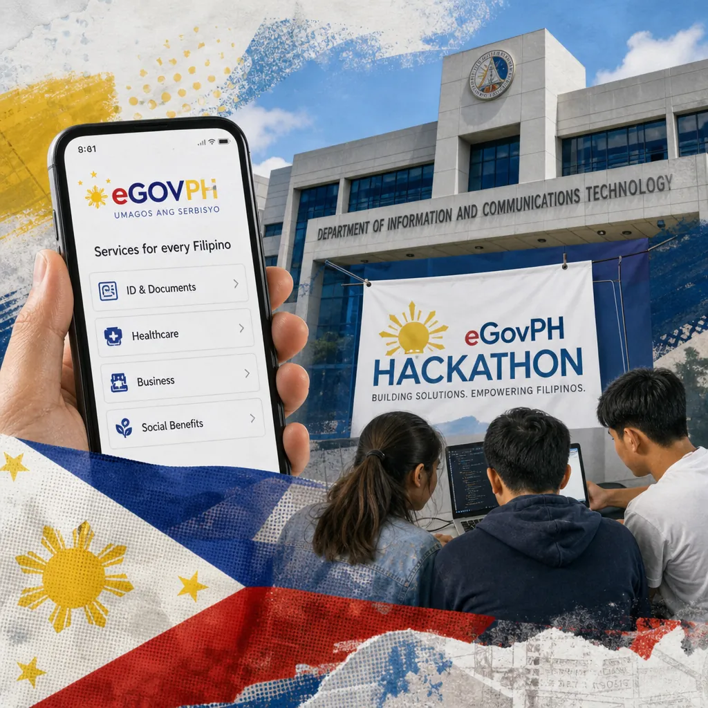 A hand holds a smartphone displaying eGovPH services in front of the Department of Information and Communications Technology building, with a banner for an eGovPH hackathon and three people working on laptops, symbolizing Philippine telco users voice frustration over service, fees, and porting, while government and telcos push digital progress, AI tools, and tech inclusion.