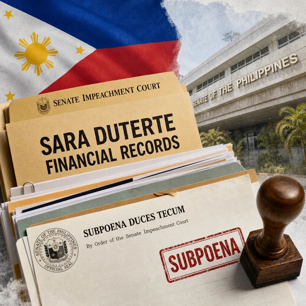 A folder labeled "Sara Duterte Financial Records" and a subpoena document with a red "SUBPOENA" stamp are shown in front of the Senate of the Philippines building and a Philippine flag, illustrating the keyphrase "Senate subpoenas VP Duterte’s financial records."
