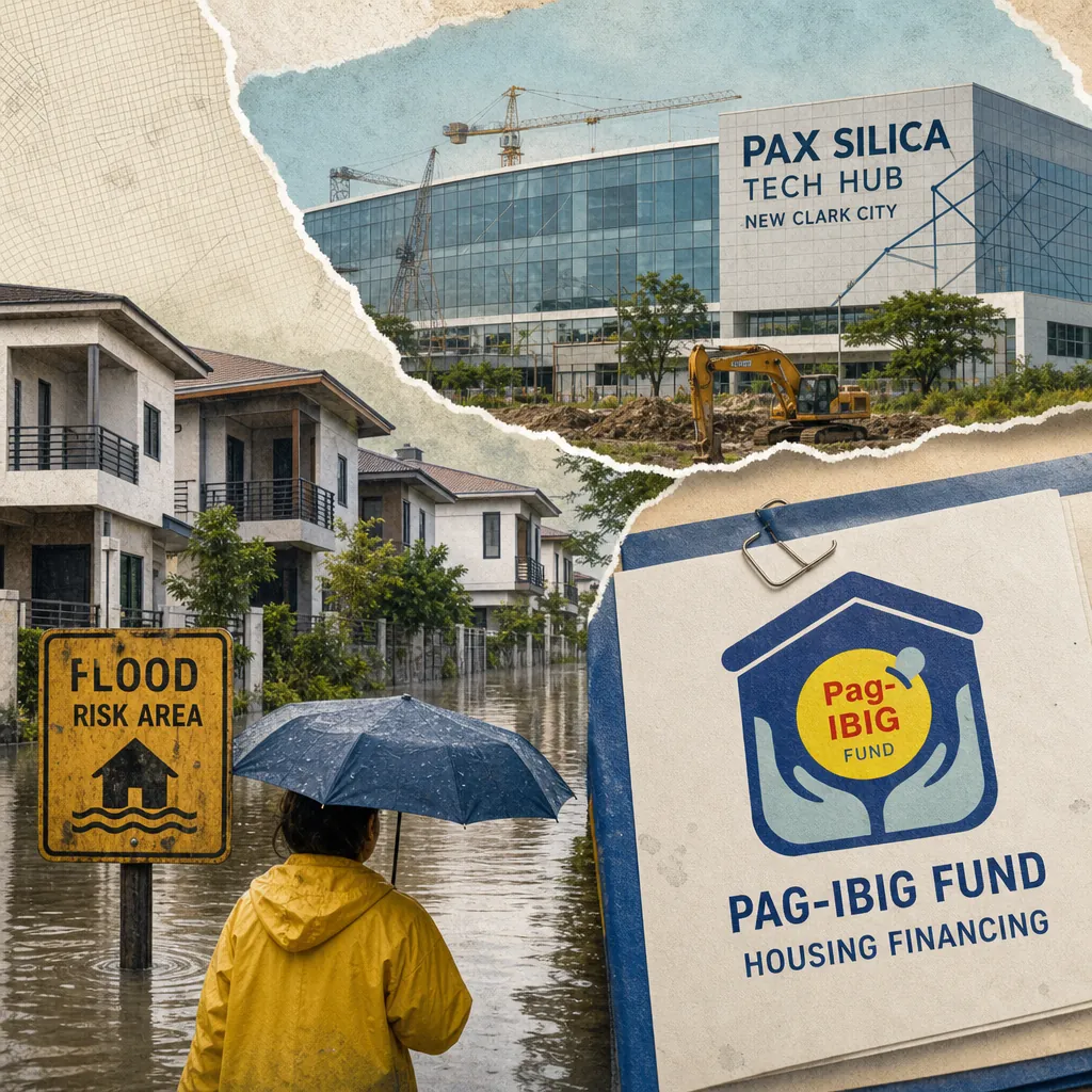 A collage showing a modern tech hub building under construction, a flooded residential area with a "Flood Risk Area" sign and a person in a raincoat holding an umbrella, and a close-up of a Pag-IBIG Fund housing financing document, illustrating Philippine real estate faces affordability pressure, tech hub protests, and disaster risks.