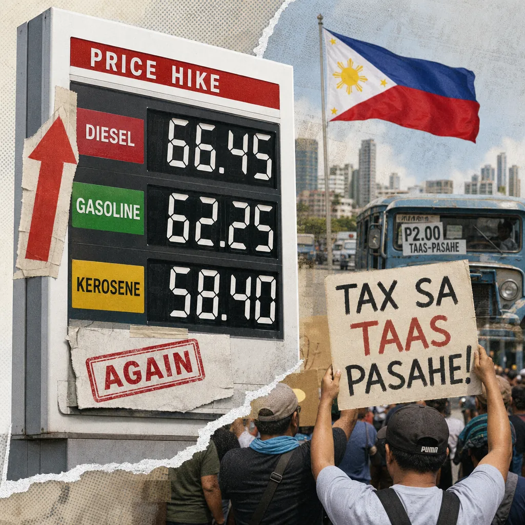 A collage showing a fuel price board with high prices for diesel, gasoline, and kerosene labeled "PRICE HIKE" and "AGAIN," a crowd of people protesting with a sign that says "TAX SA TAAS PASAHE!," a jeepney with a fare hike sign, and the Philippine flag in the background, illustrating public anger over a major fuel price hike and high electricity rates.