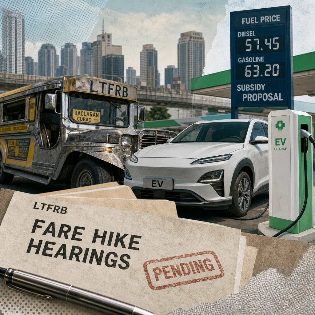 A collage showing a traditional Philippine jeepney beside a modern electric vehicle at a charging station, a fuel price sign displaying high diesel and gasoline prices with a subsidy proposal, and documents labeled "LTFRB Fare Hike Hearings Pending," illustrating Philippine transport faces fare hike drama, fuel subsidy talks, digital service woes, and rising EV adoption, with safety and enforcement in sharp public focus.
