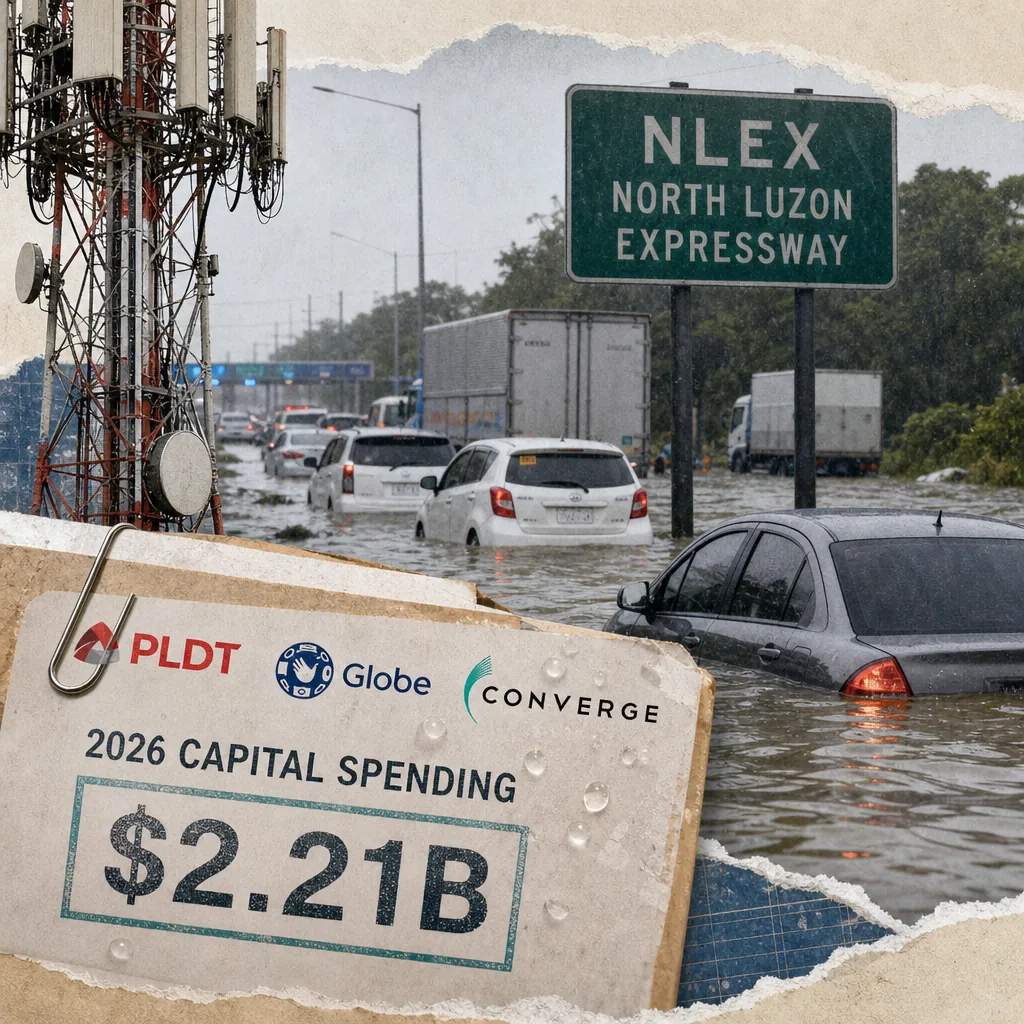 Flooded NLEX highway with stranded cars, a telecom tower, and a $2.21B investment sign, showing telcos plan 2026 network investments. (143 characters)