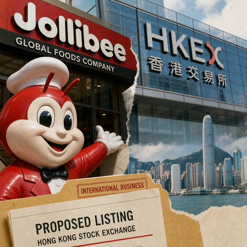 Jollibee mascot stands by a store, with Hong Kong Stock Exchange building and a folder labeled "proposed listing" for its international business. (143 characters)