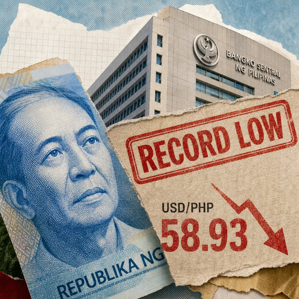 A Philippine banknote, Bangko Sentral ng Pilipinas building, and a sign showing peso hits record low, reflecting governance issues and food safety concerns. (143 characters)