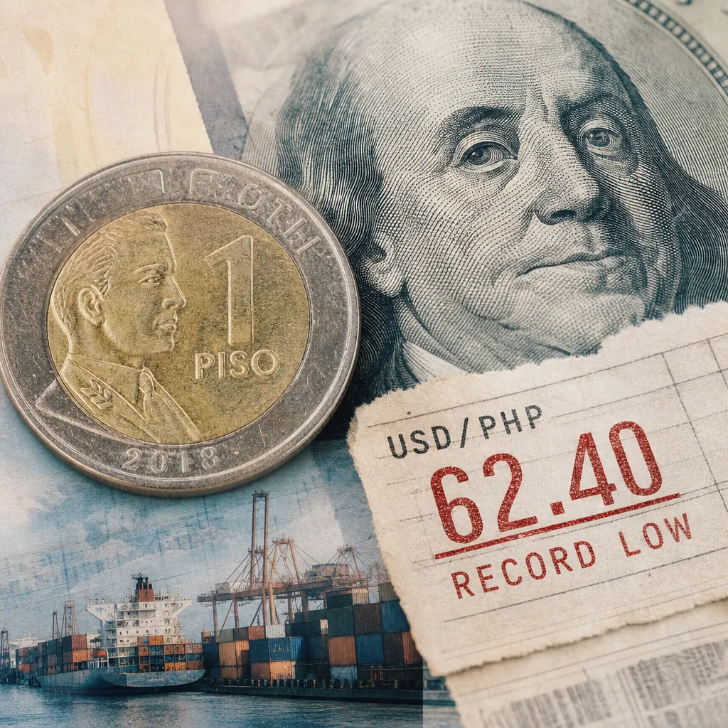 A Philippine peso coin and US dollar bill beside a note showing USD/PHP 62.40 record low, symbolizing the Philippine peso hit a record low. (143 characters)