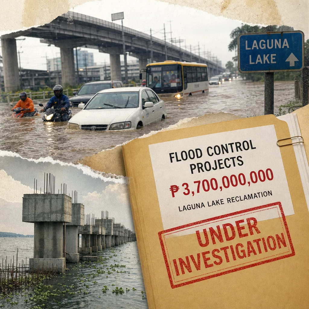 Cars and motorcycles drive through Luzon flooding near a Laguna Lake sign, with infrastructure failures and corruption claims under investigation. (143 characters)