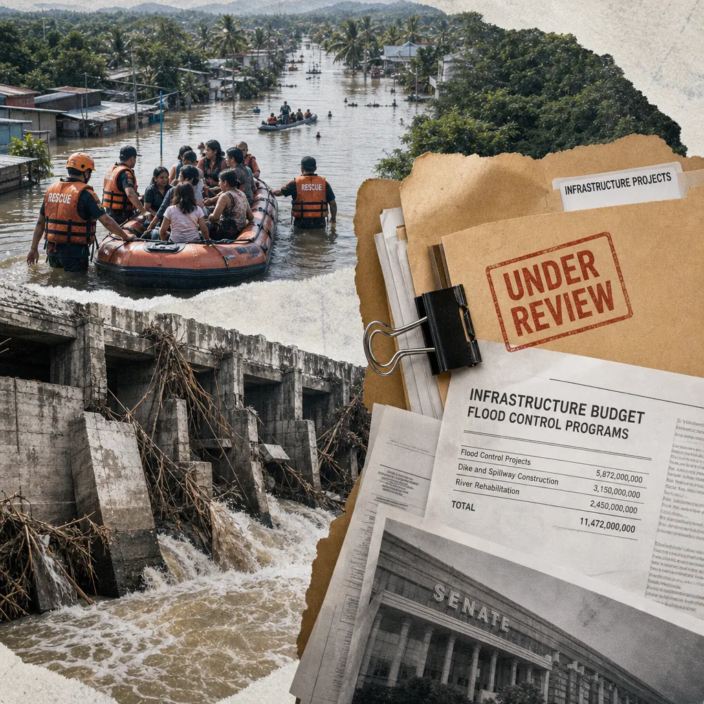 Rescue workers evacuate people by boat from a flooded area, with infrastructure failures and corruption claims shown in documents marked under review. (143 characters)