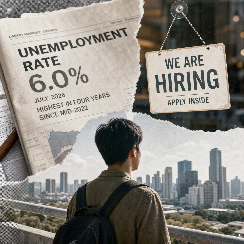 A man with a backpack looks at a city skyline, with a newspaper headline about Philippines 6 percent unemployment and a hiring sign above him. (143 characters)