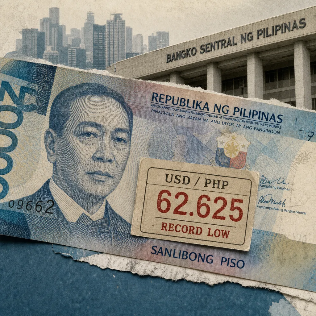 A Philippine peso bill with a label showing USD/PHP 62.625 record low, symbolizing the Philippine peso hit a record low amid oil shocks. (143 characters)