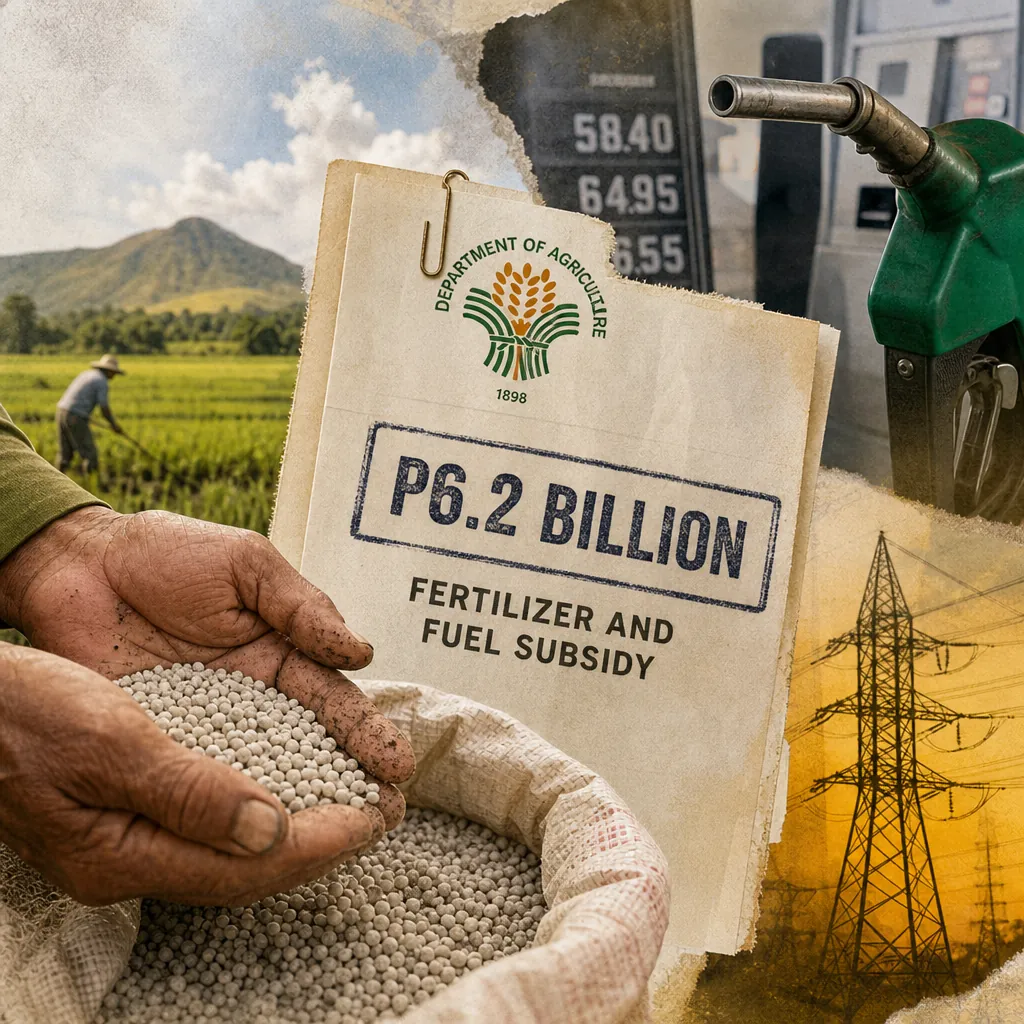 A collage shows a farmer with fertilizer, a fuel pump, power lines, and a sign about farm aid as fuel prices surge on Middle East tensions and peso weakness. (143 characters)