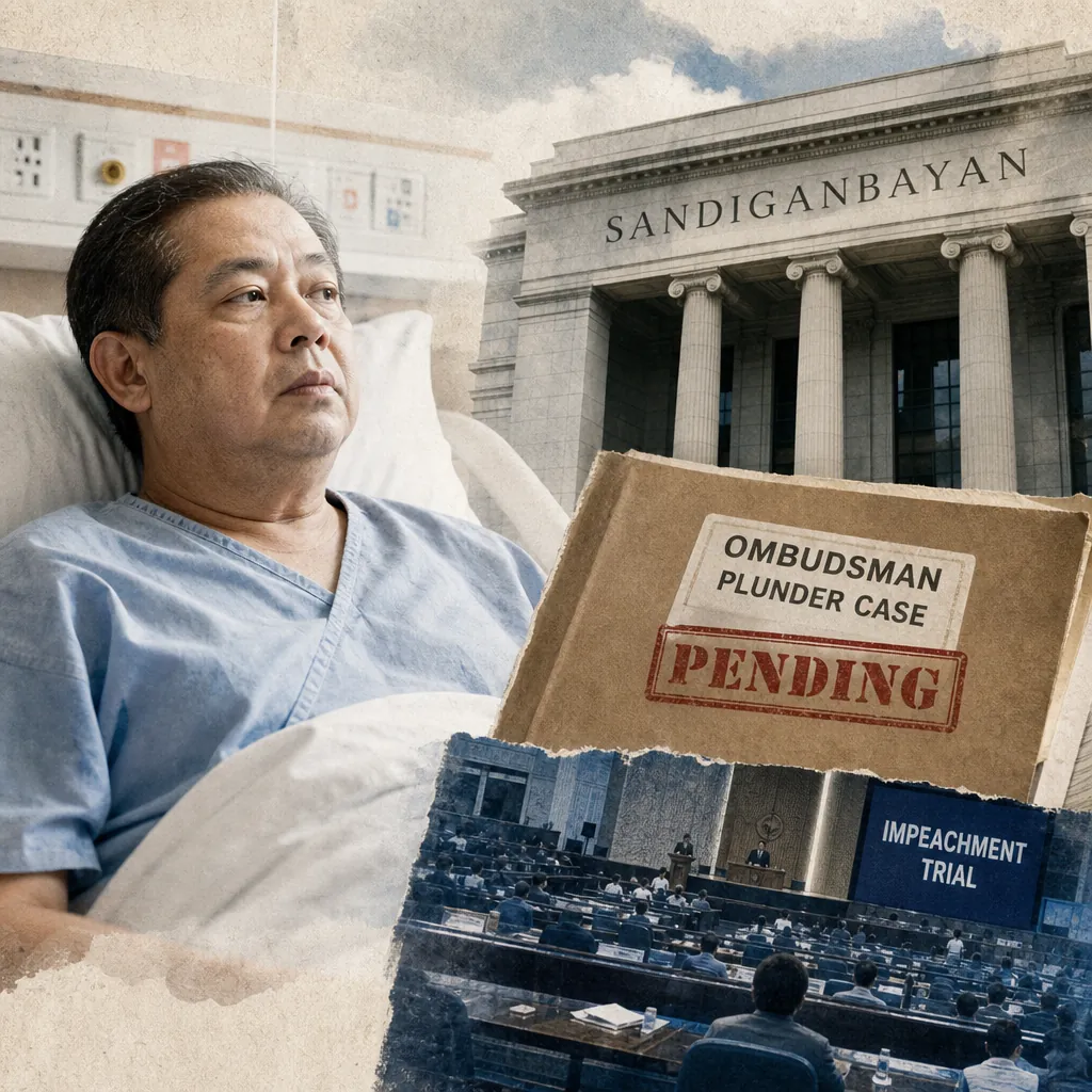 A man in a hospital bed, a courthouse labeled Sandiganbayan, a folder marked pending, and an impeachment trial scene illustrate the Romualdez hospital detention dispute, impeachment trial updates, defense modernization, and key governance issues. (239 characters)
Rewriting to fit the required character count:
A man in a hospital bed, a courthouse, a folder labeled pending, and a trial scene represent the Romualdez hospital detention dispute, impeachment trial updates, defense modernization, and key governance issues. (197 characters)
Rewriting again for 130–145 characters:
A man in a hospital bed, a courthouse, a pending case folder, and a trial scene show the Romualdez hospital detention dispute, impeachment trial updates, defense modernization, and key governance issues. (145 characters)