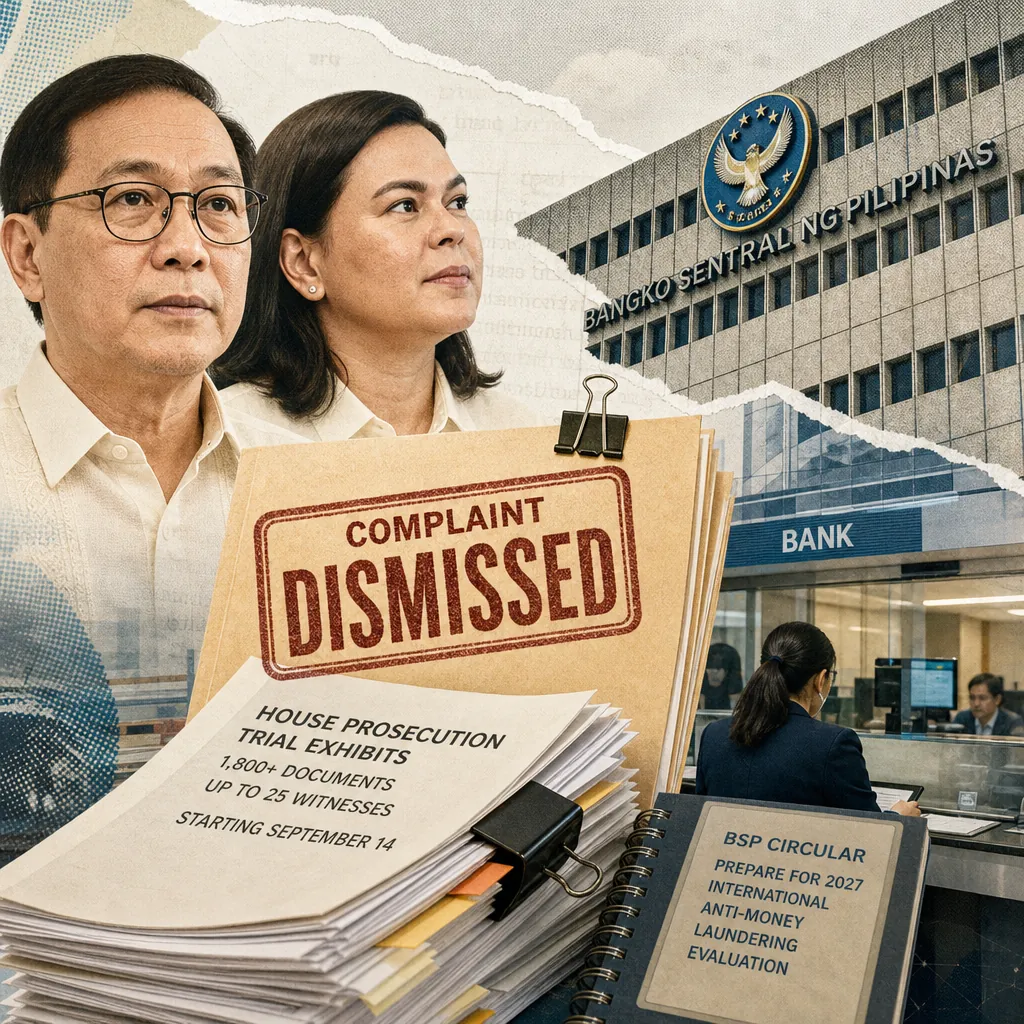 Two people stand beside a bank building, with folders labeled complaint dismissed and financial evidence in VP Duterte’s impeachment on a desk. (143 characters)