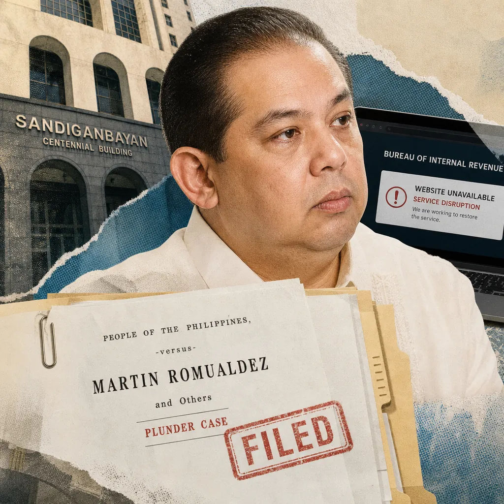 A man sits in front of court documents labeled Romualdez hospital arrest case, with a BIR website hack alert and Sandiganbayan building in the background. (143 characters)