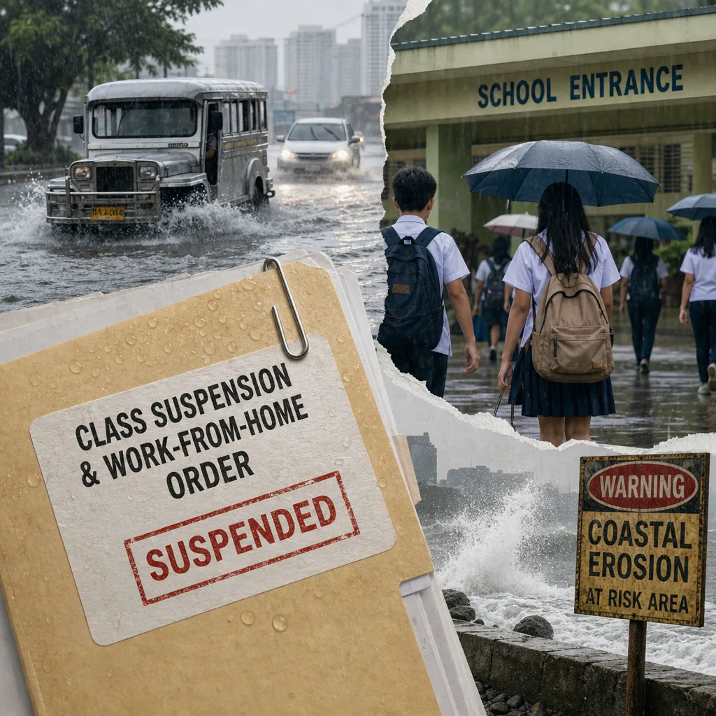 A flooded street with vehicles, students under umbrellas at a school entrance, and a sign warning of coastal erosion, showing monsoon rains prompted remote work and class suspensions. (145 characters)