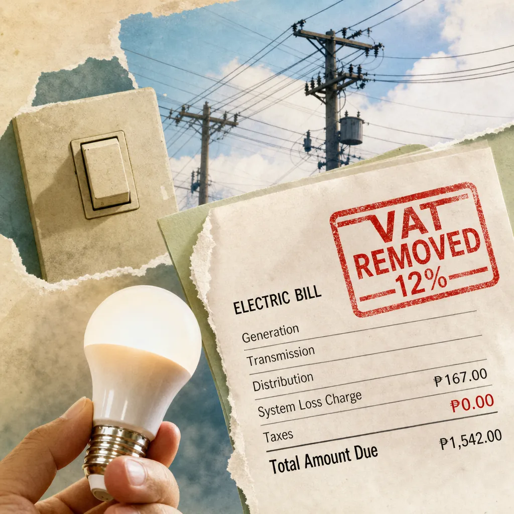 A hand holds a light bulb near a switch, with an electric bill showing VAT removed on system loss charges, lowering power bills as fuel prices rose. (143 characters)