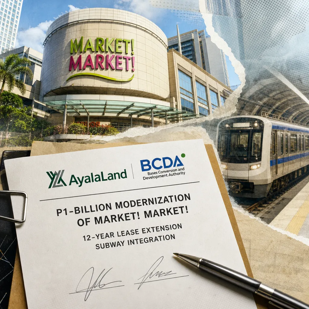 A document showing Ayala Land and BCDA finalizing P1B Market! Market! upgrade, with the mall and a subway train in the background. 143 characters