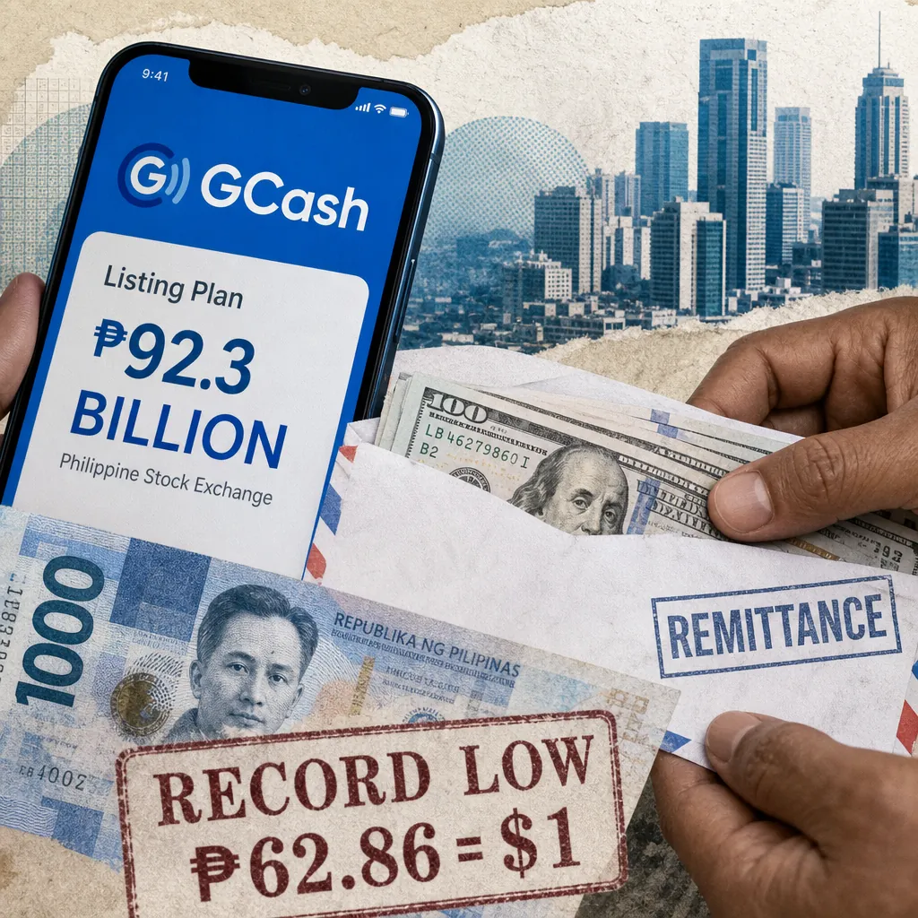 A smartphone shows GCash’s parent readies a record IPO, with Philippine peso bills, US dollars, and a remittance envelope in front of a city skyline. (145 characters)