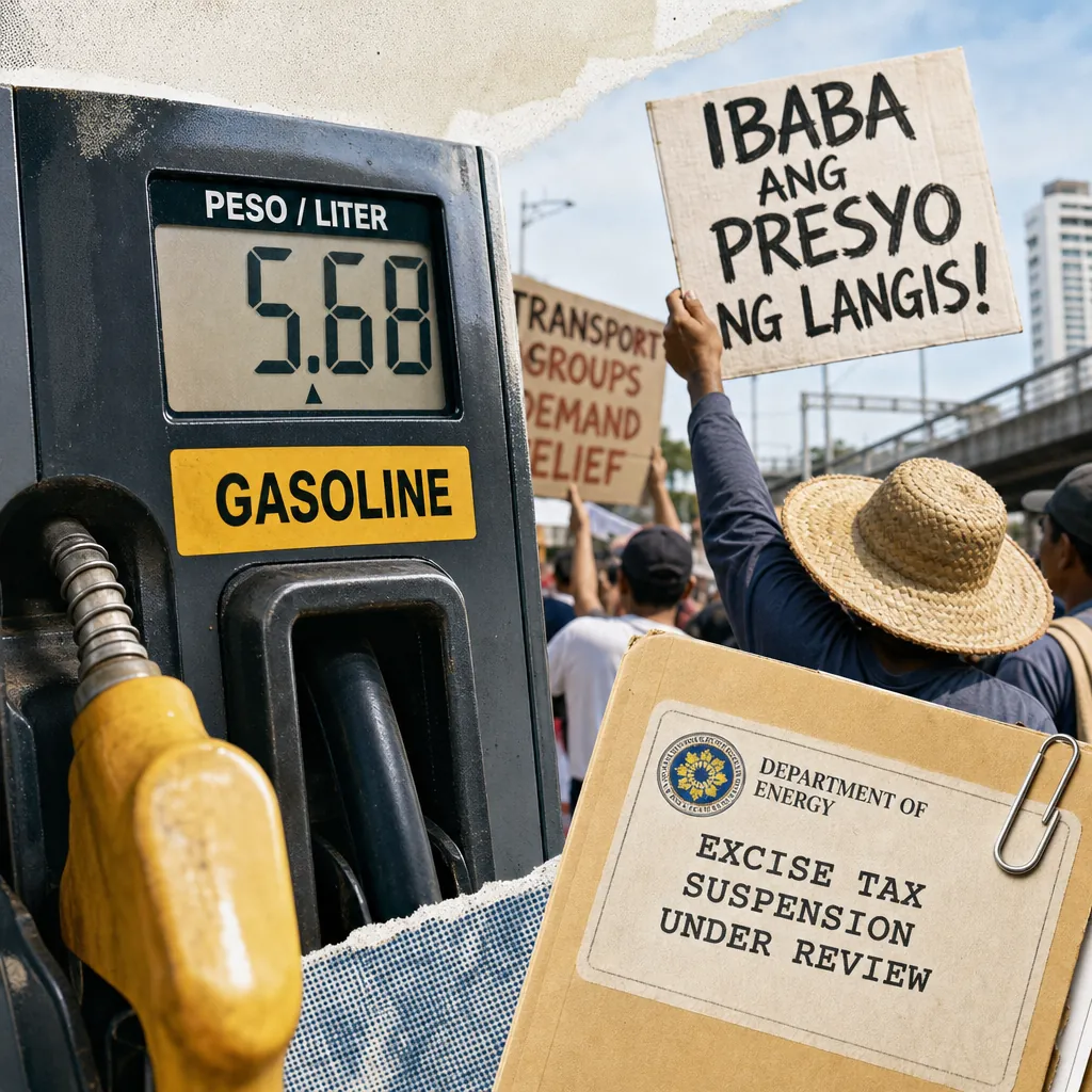 A gasoline pump shows high prices as people protest with signs, while a folder reads "excise tax suspension under review" amid rising living costs. (143 characters)