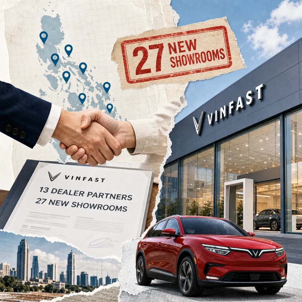 A VinFast dealership, a red VinFast car, a handshake, a map of the Philippines, and a sign about 27 new showrooms in the Philippines. 143 characters