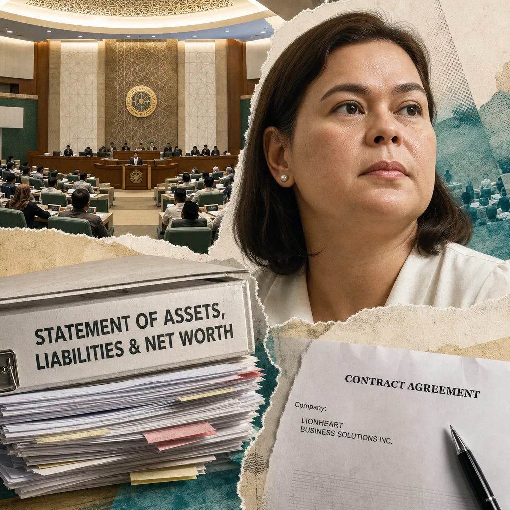 A woman looks serious beside a parliament session, a binder labeled statement of assets, and a contract, showing VP impeachment trial asset gaps.  
Character count: 144