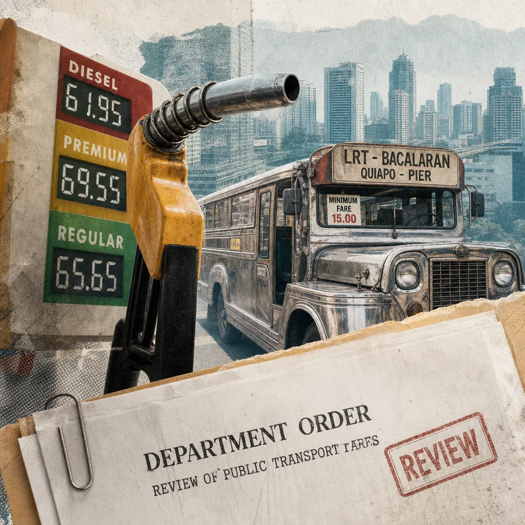 A Philippine jeepney, fuel pump, and price board illustrate Philippine fuel prices rise for a third week amid global oil shocks and fare hikes. (143 characters)