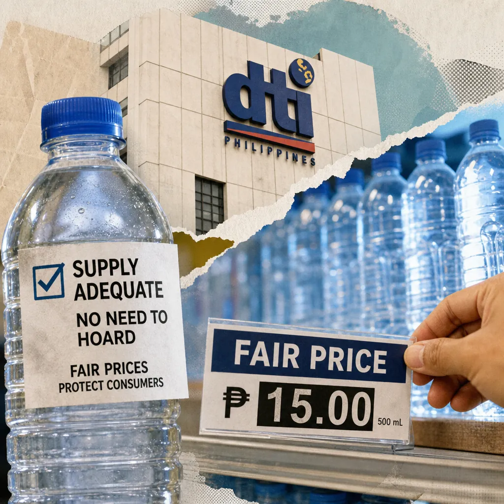 A hand holds a fair price sign for bottled water at a store, with DTI warns against water hoarding amid El Nino, monitors prices. (143 characters)