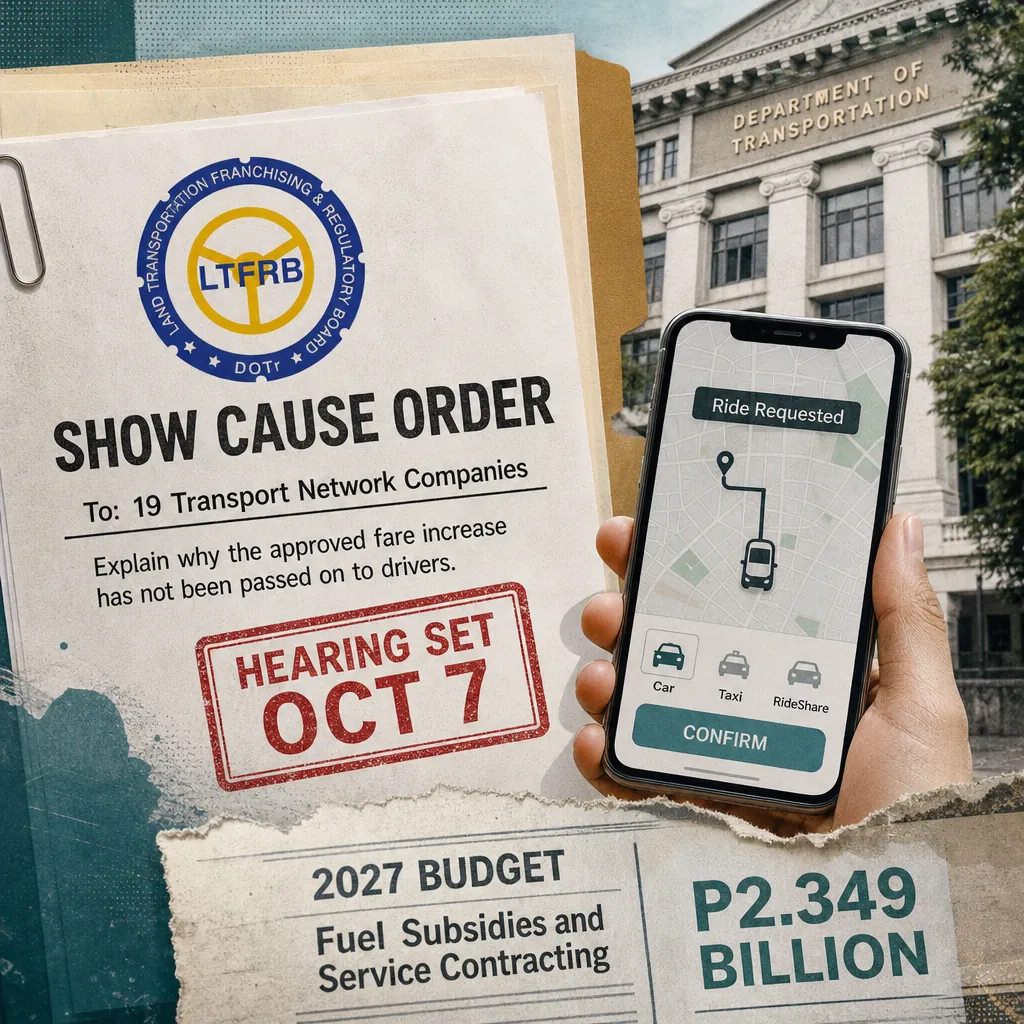 A hand holds a phone with a ride-hailing app, next to LTFRB documents about fare hike, fuel subsidies debated, and EV ferry rules set. 143 characters