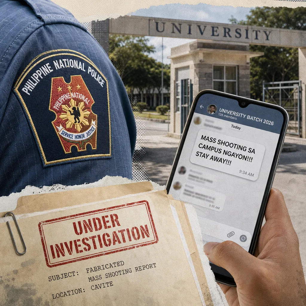 A police officer, a university gate, a phone with a campus shooting alert, and a file labeled fabricated Cavite campus shooting report. 143 characters