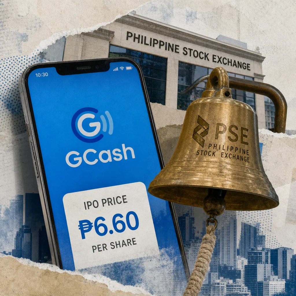 A smartphone with the GCash logo and IPO price at ₱6.60 per share, a PSE bell, and the Philippine Stock Exchange building in view. 143 characters